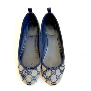 Gucci Navy Blue Canvas GG Supreme logo bow ballet flats EU 37